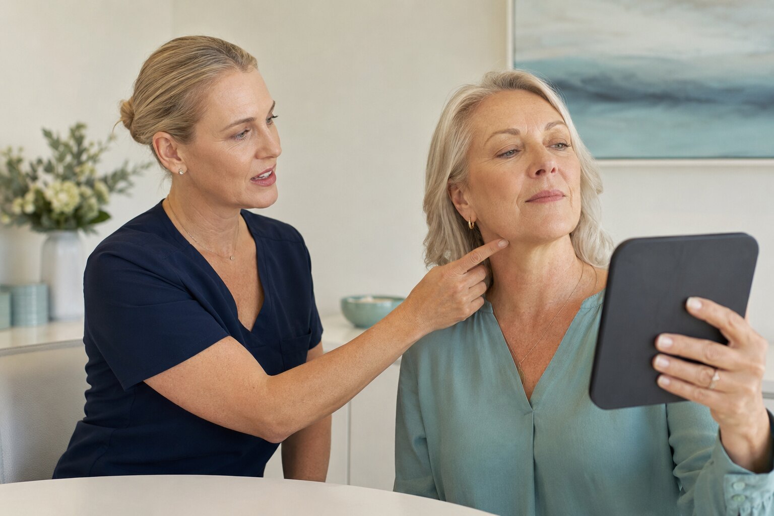 Katy Sullivan discussing a mature client's jawline and neck during consultation